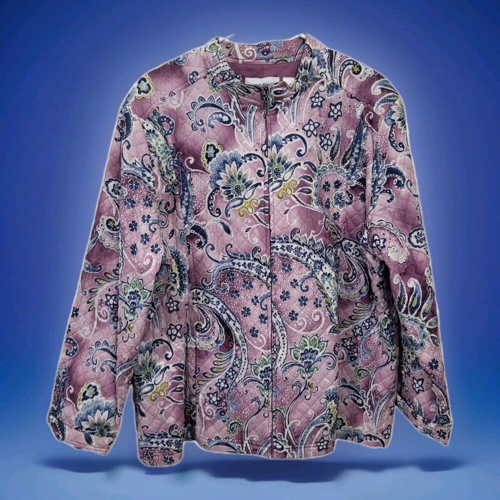 Alfred Dunner Pink Paisley Zip Front Quilted Jacket Pockets Lightweight Sz 18